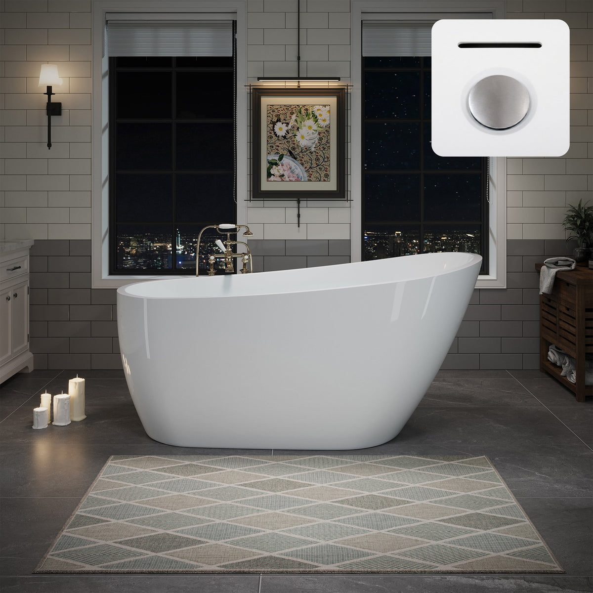55"/60"/63" Modern Single Slipper Freestanding Acrylic Bathtub, Glossy White A04