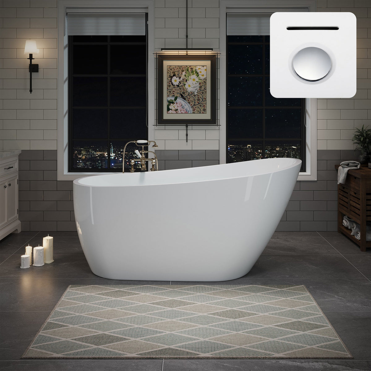 55"/60"/63" Modern Single Slipper Freestanding Acrylic Bathtub, Glossy White A04