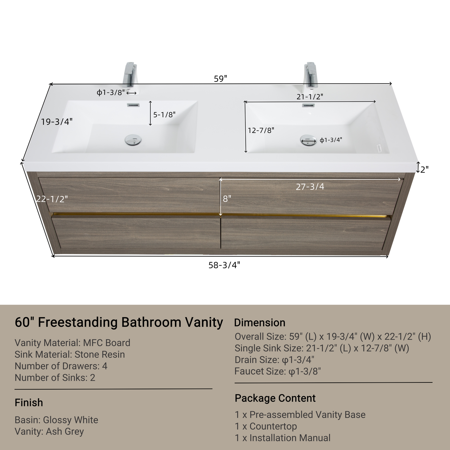 60" Aurelia - Floating Bathroom Vanity, Ash Grey V15-60DAG
