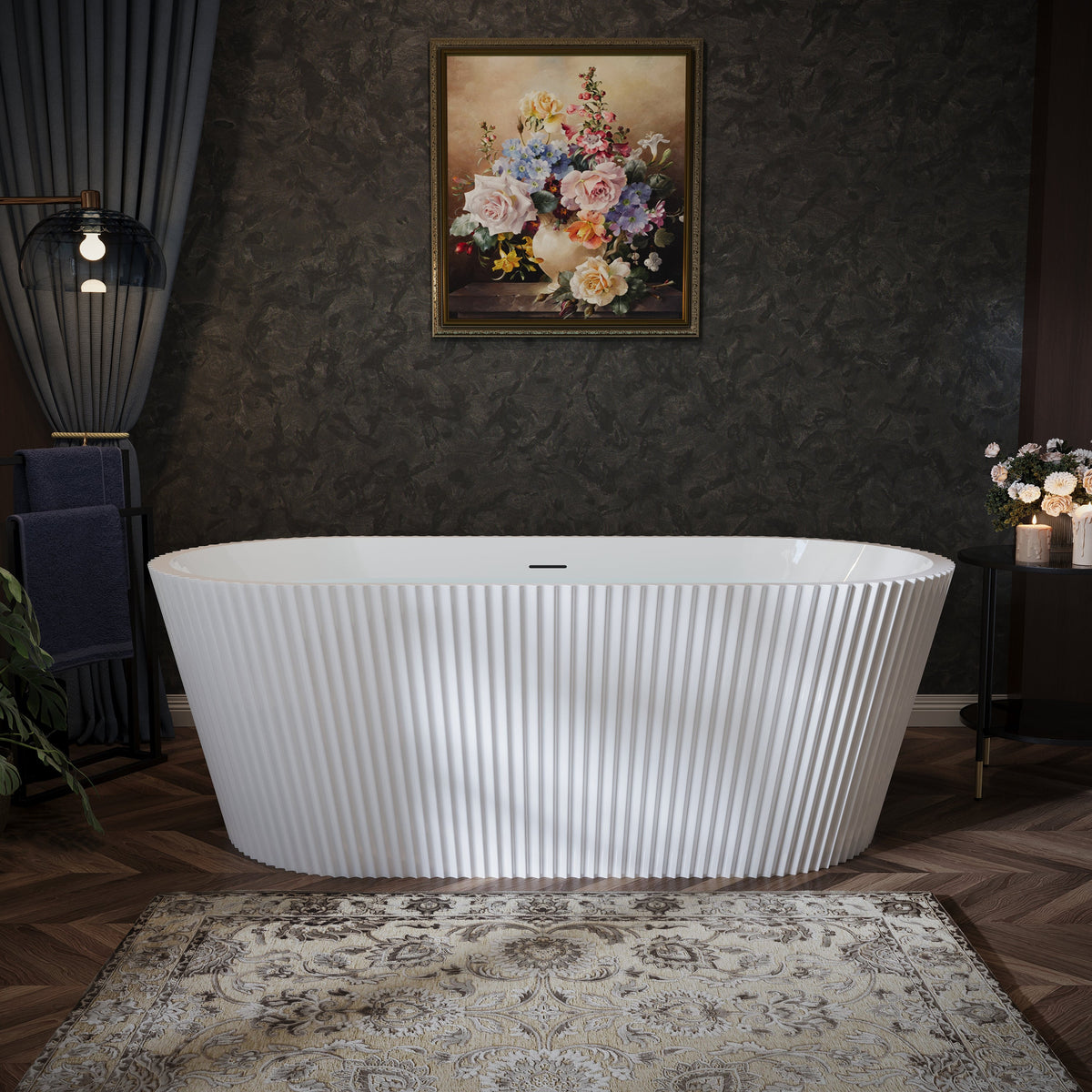 67" Fluted Acrylic Freestanding Soaking Bathtub, Glossy White A13