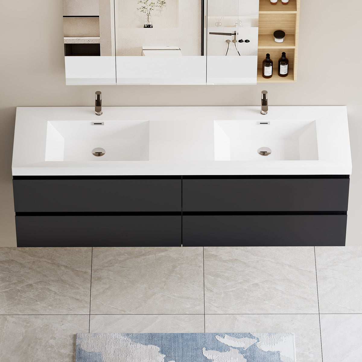 72" Angela - Floating Bathroom Vanity Double Sink Glossy Black V11-72GB