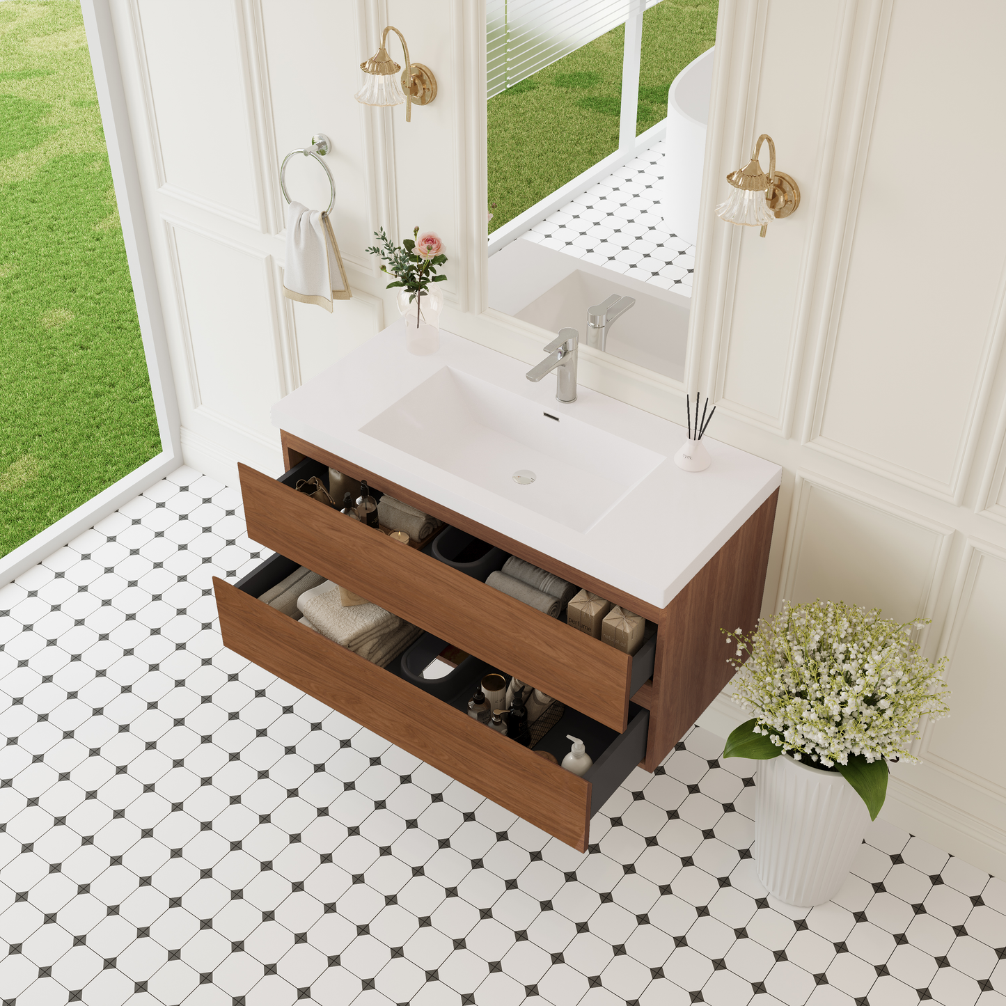 42" Angela - Floating Bathroom Vanity Honey Gold Walnut V11-42WN