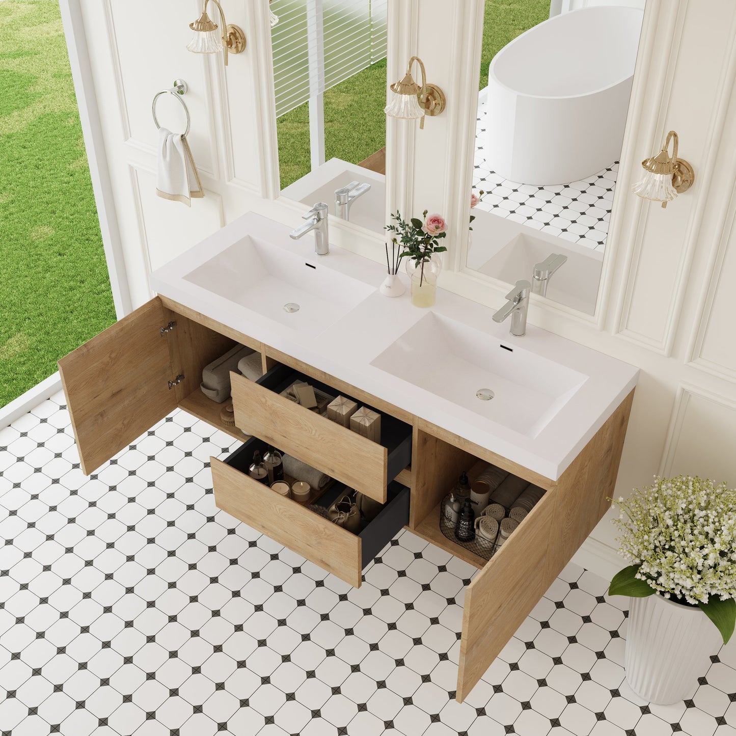 60" Angela - Floating Bathroom Vanity Double Sink Natural Oak V11-60DNO