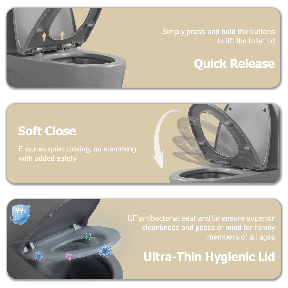 One-Piece Toilet, Dual Flush 1.1/1.6 GPF, Light Grey T01-LG