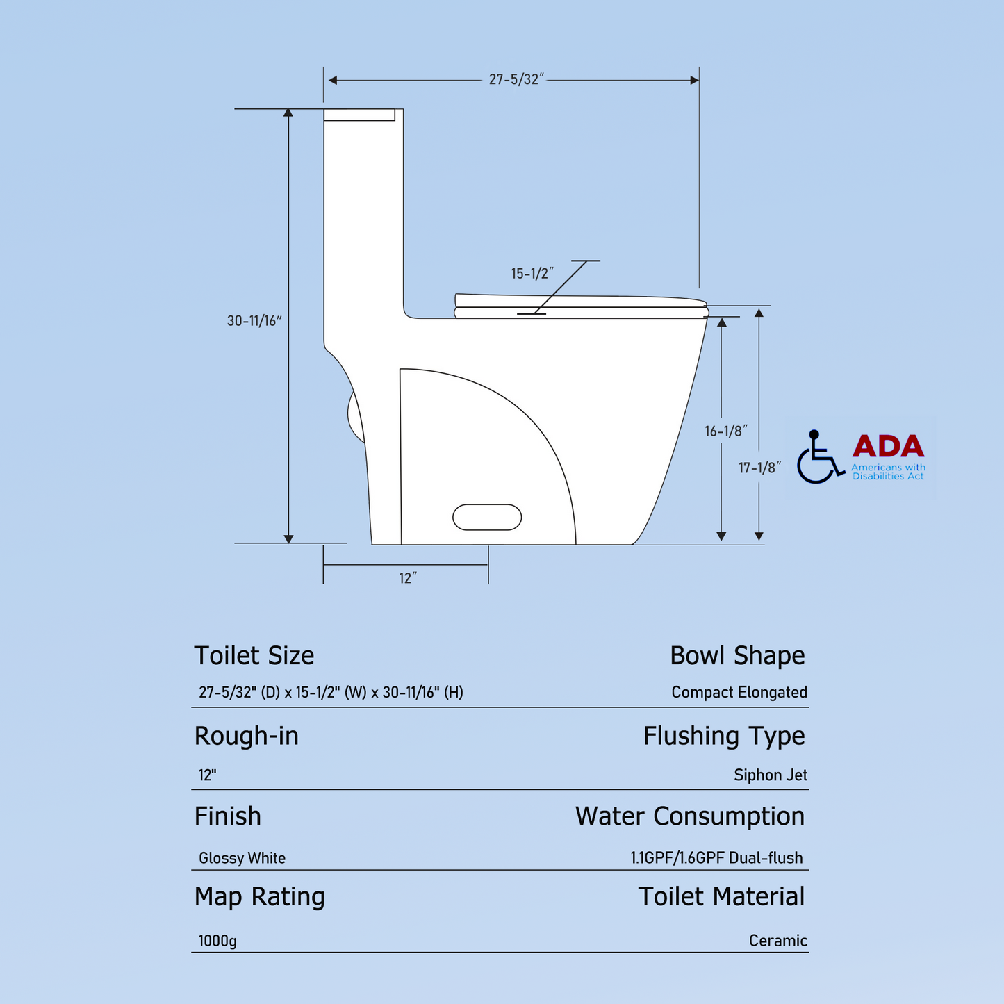 One-Piece Toilet, Dual Flush 1.1/1.6 GPF, Glossy White T01-GW