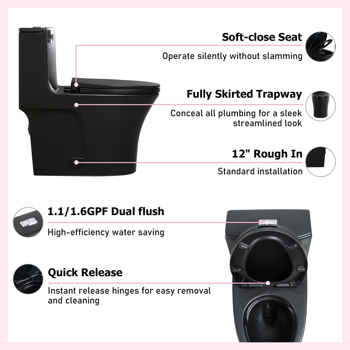 One-Piece Toilet, Dual Flush 1.1/1.6 GPF, Matte Black T02-MB