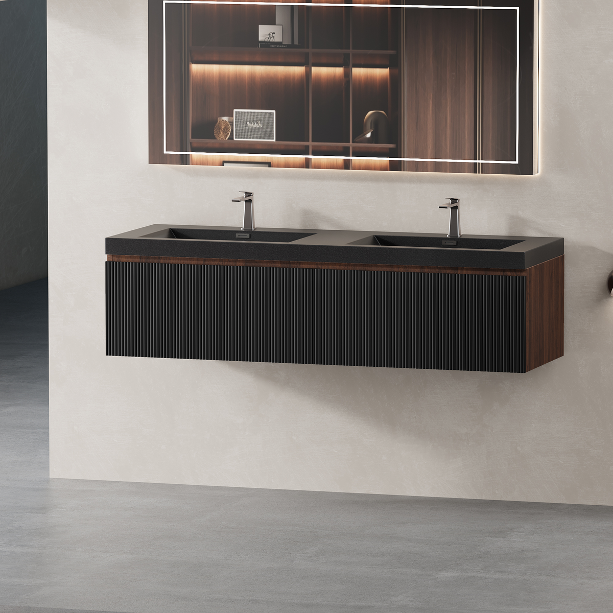 60" Liner - Floating Bathroom Vanity Integrated Double Basin, Smoked Walnut & lnk Black V16-60WAB