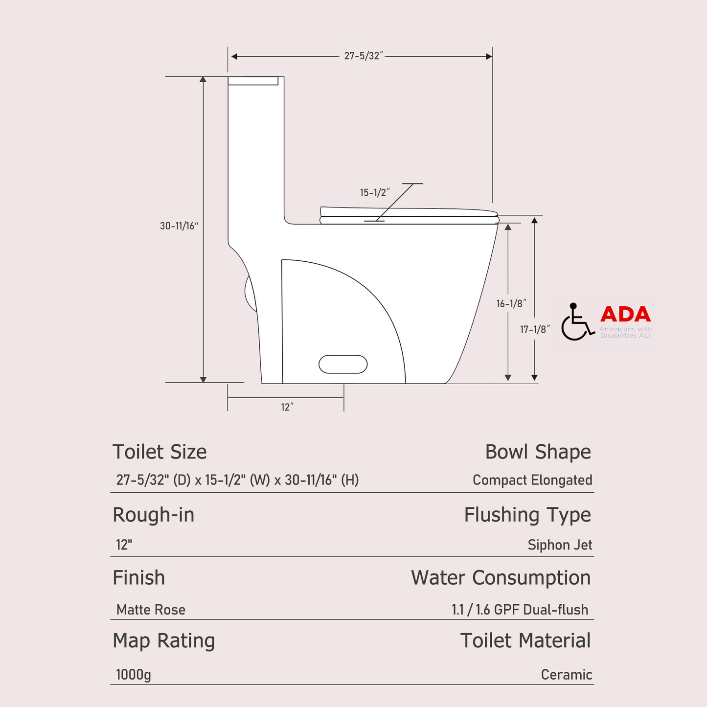 One-Piece Toilet, Dual Flush 1.1/1.6 GPF, Pink Rose T01-RS