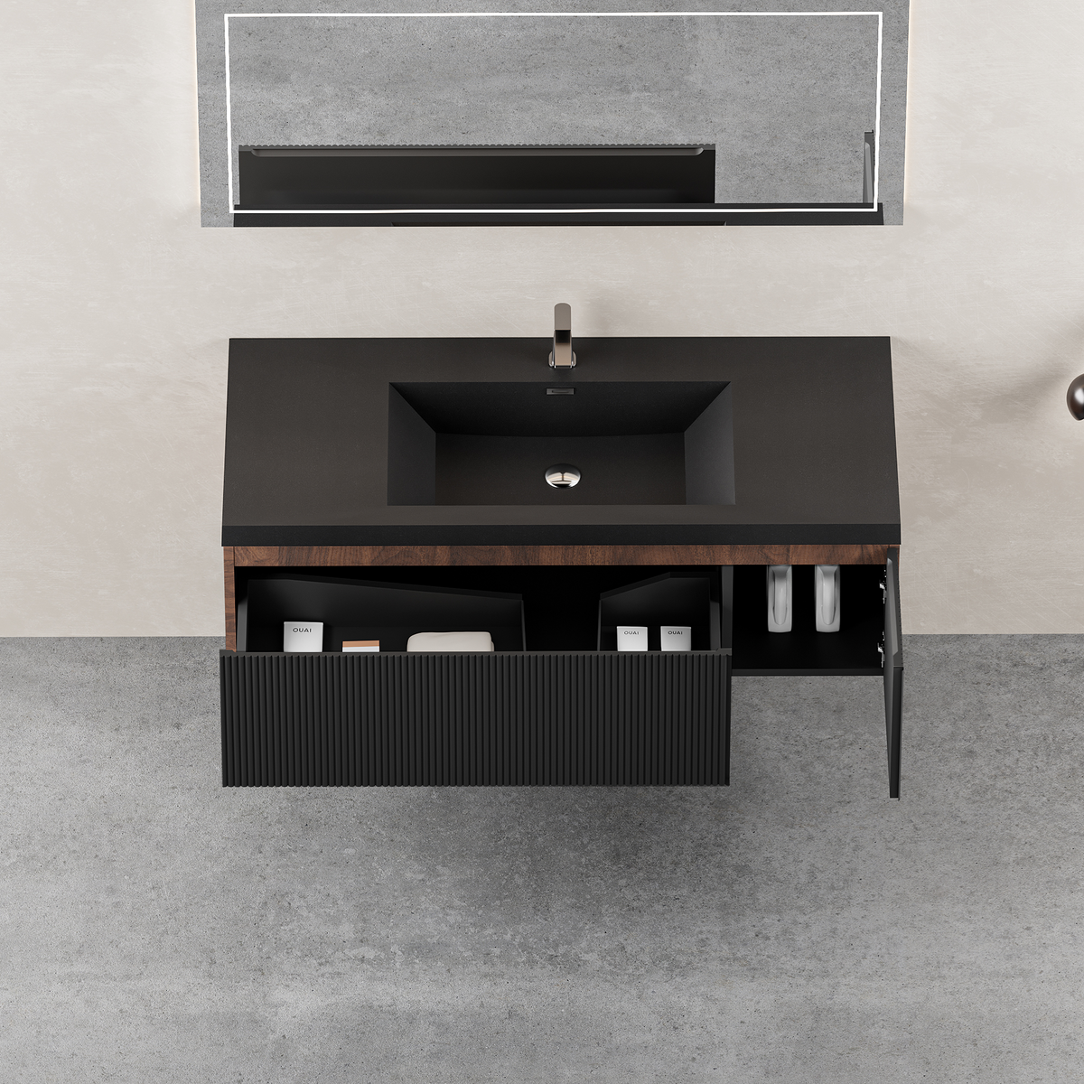 48" Liner - Floating Bathroom Vanity, Smoked Walnut & lnk Black V16-48WAB