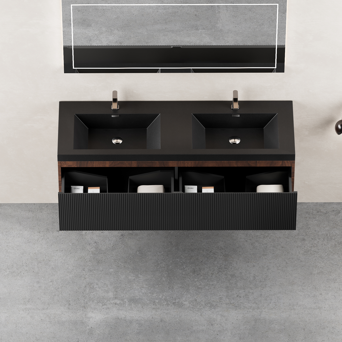 60" Liner - Floating Bathroom Vanity Integrated Double Basin, Smoked Walnut & lnk Black V16-60WAB