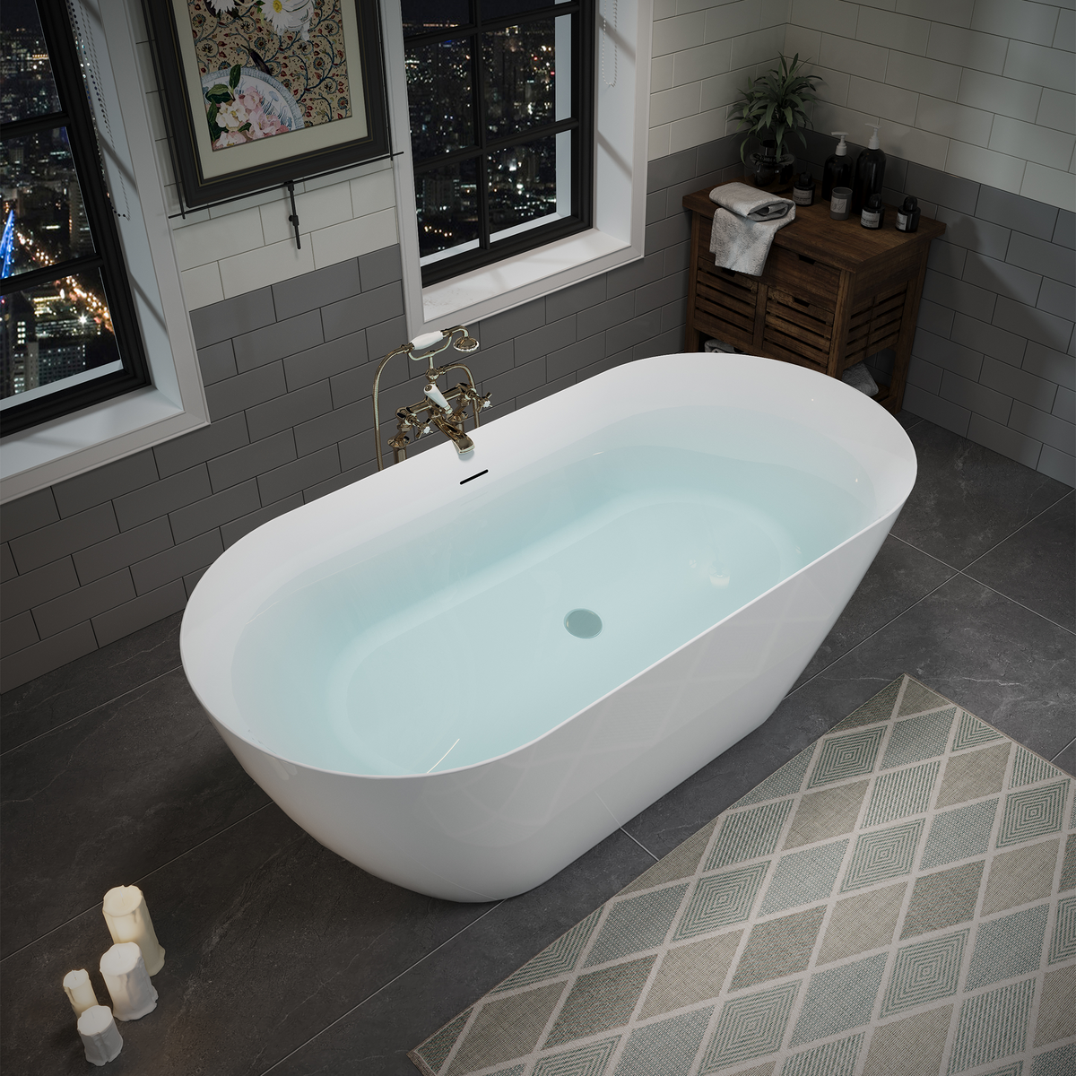 55"/60"/63" Minimalist Oval Acrylic Freestanding Soaking Bathtub, Glossy White A09