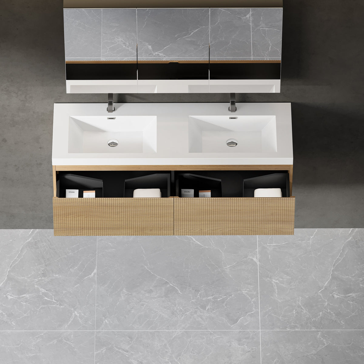 60" Liner - Floating Bathroom Vanity Integrated Double Sink Basin, Natural Oak V16-60NOW