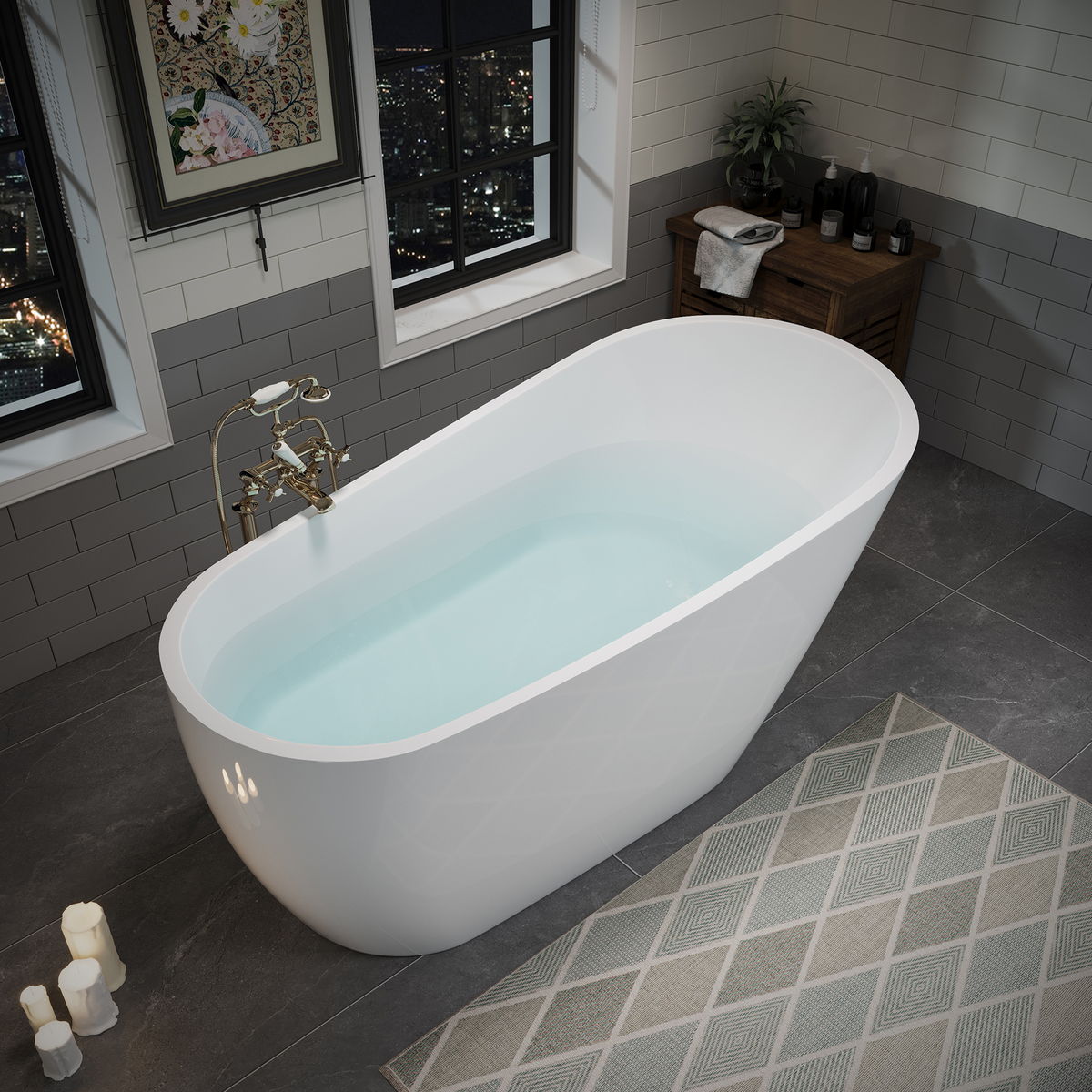 55"/60"/63" Modern Single Slipper Freestanding Acrylic Bathtub, Glossy White A04