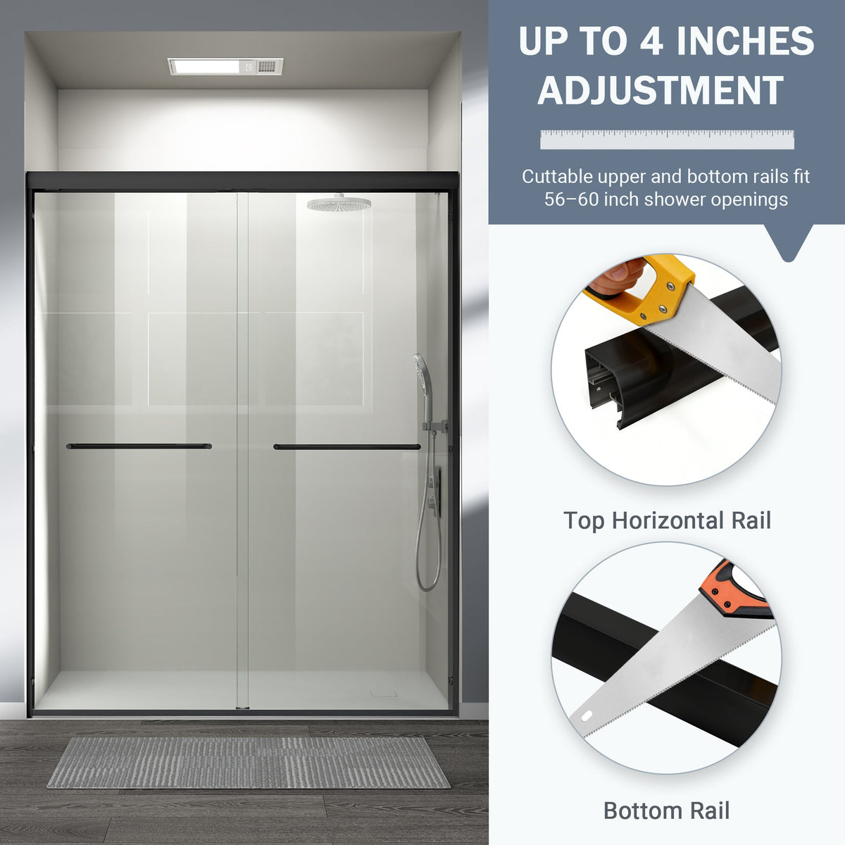 56" - 60" W x 72" H Semi-Frameless Double Sliding Shower Door, D03-60