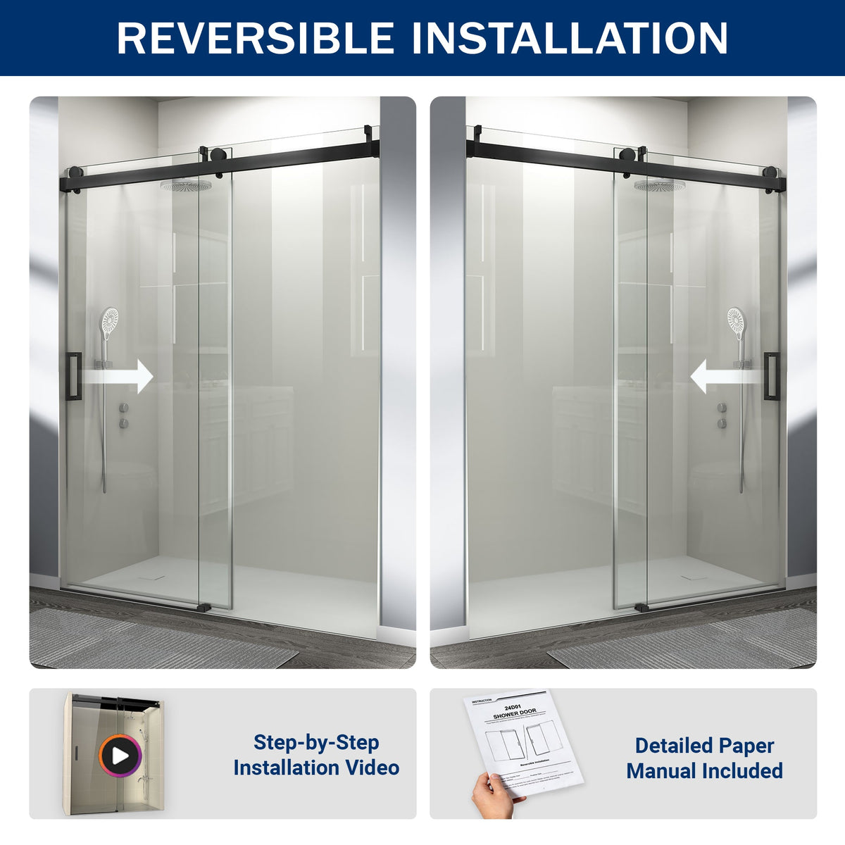 56" – 60" W x 76" H Frameless Soft-Close Single Sliding Shower Door, D01-60
