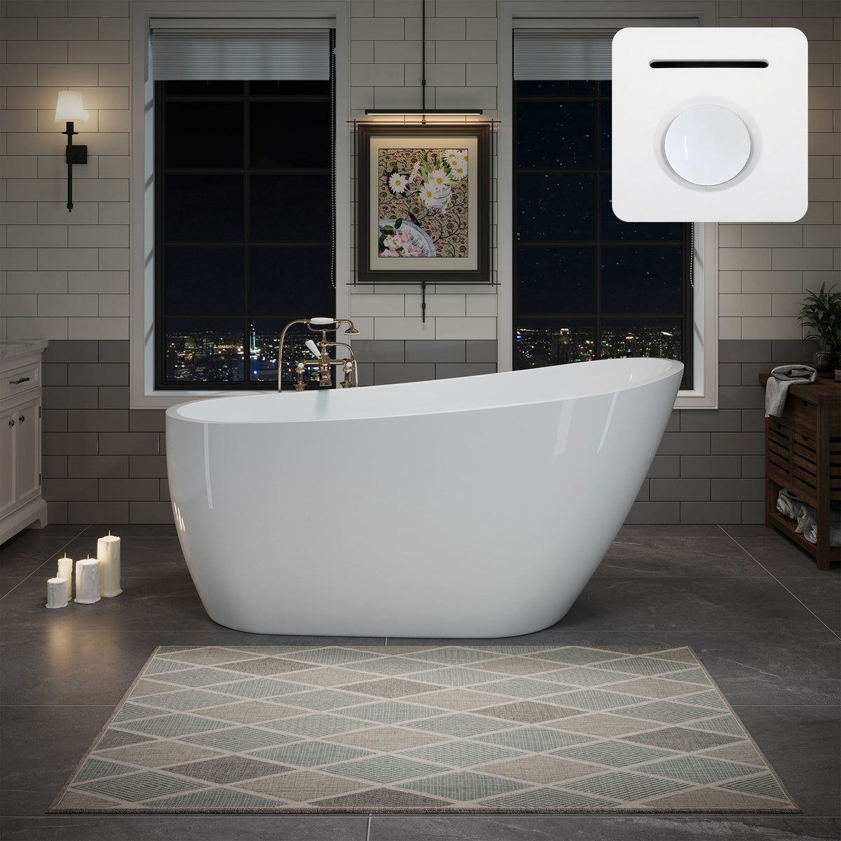 55"/60"/63" Modern Single Slipper Freestanding Acrylic Bathtub, Glossy White A04