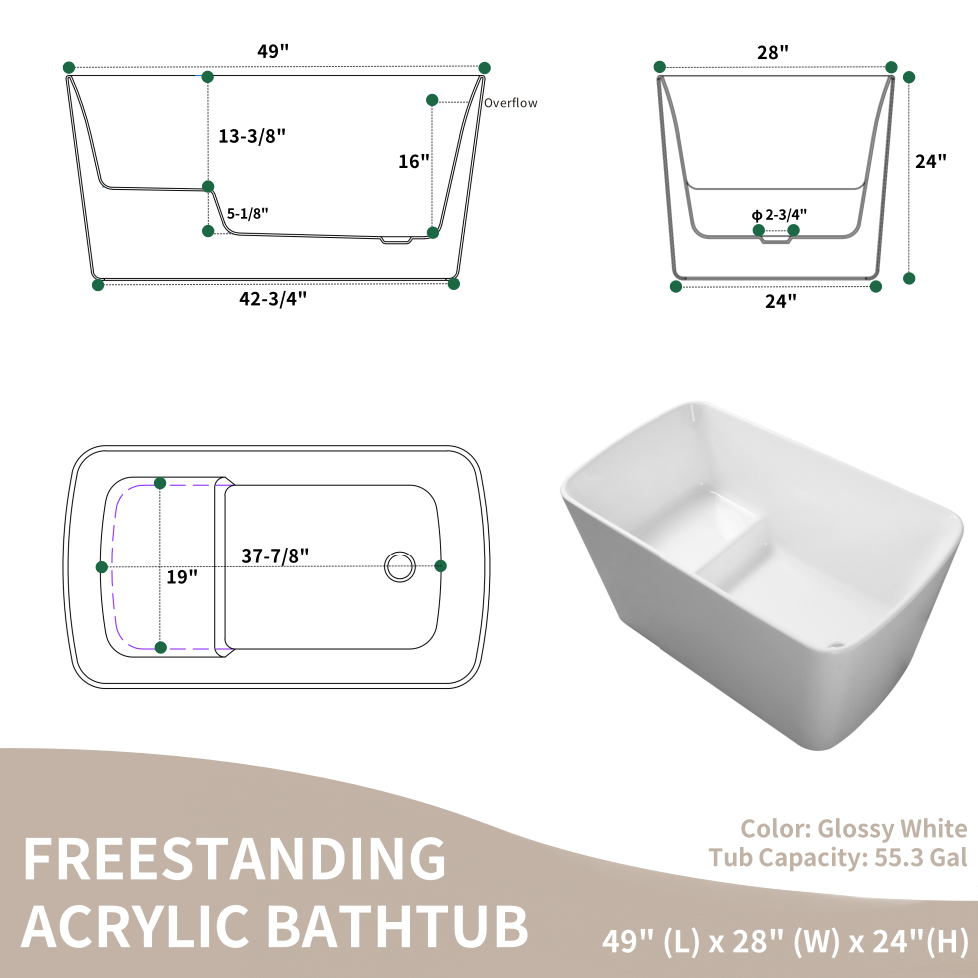 49" Acrylic Freestanding Japanese Sit-in Soaking Bathtub, Glossy White AMA-49