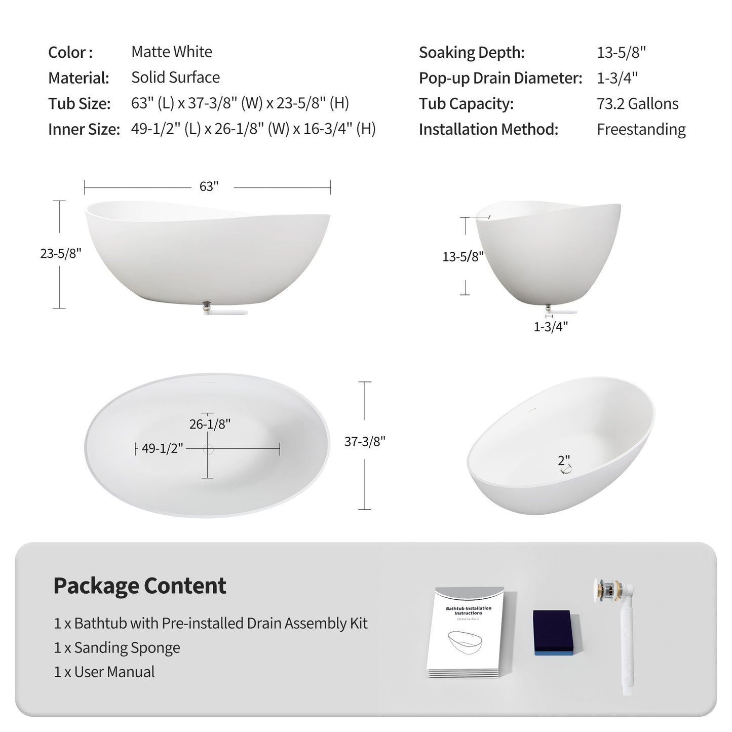 63" Freestanding Engineered Stone Resin Bathtub, Matte/Gloss White S05-63