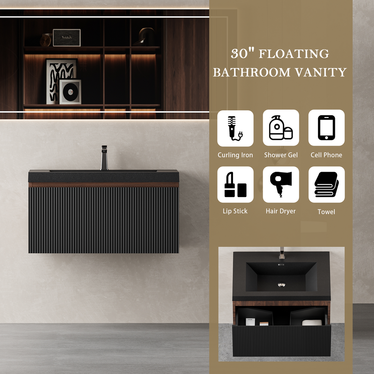 30" Liner - Floating Bathroom Vanity, Smoked Walnut & lnk Black V16-30WAB