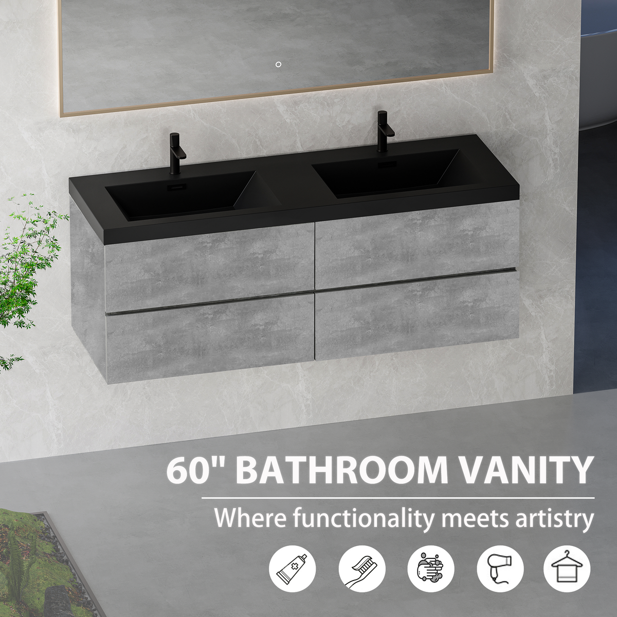 60" Edi - Modern Wall-mounted Bathroom Vanity V12-60GR