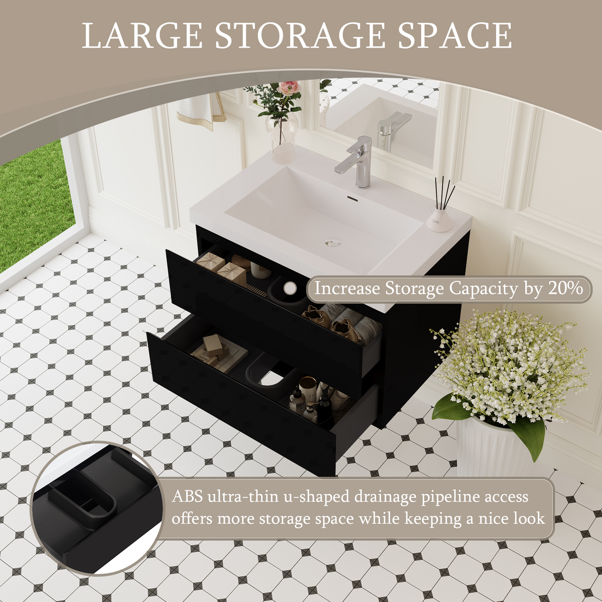 30" Angela - Floating Bathroom Vanity Glossy Black V11-30GB