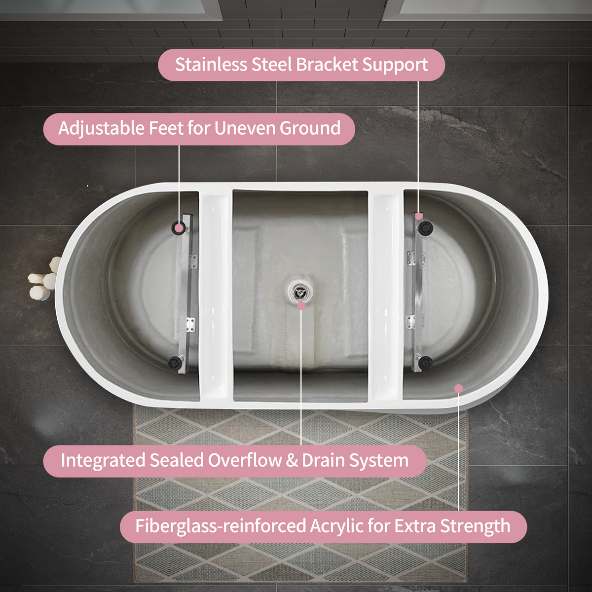 55"/60"/63" Modern Single Slipper Freestanding Acrylic Bathtub, Glossy White A04