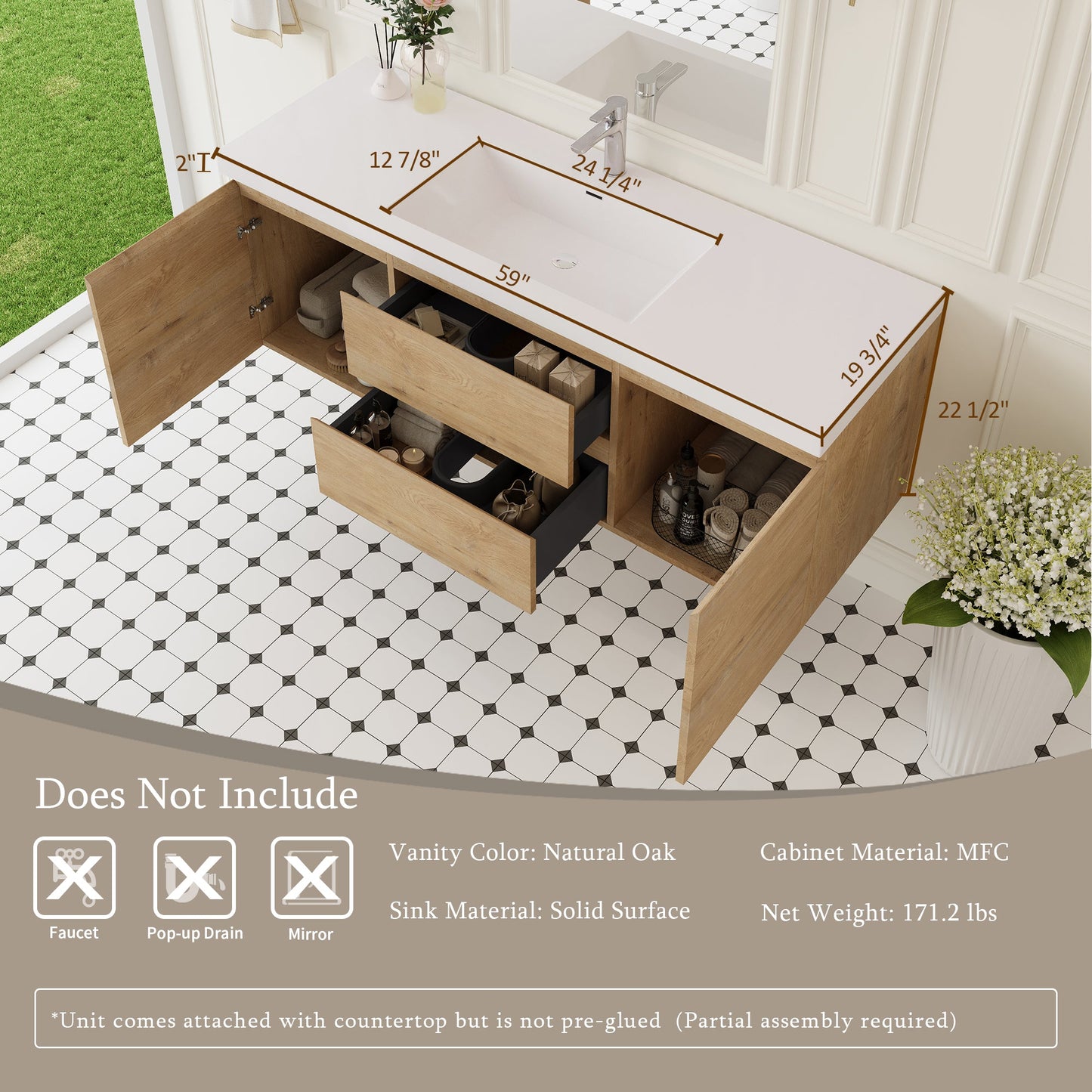 60" Angela - Floating Bathroom Vanity Single Sink Natural Oak V11-60SNO