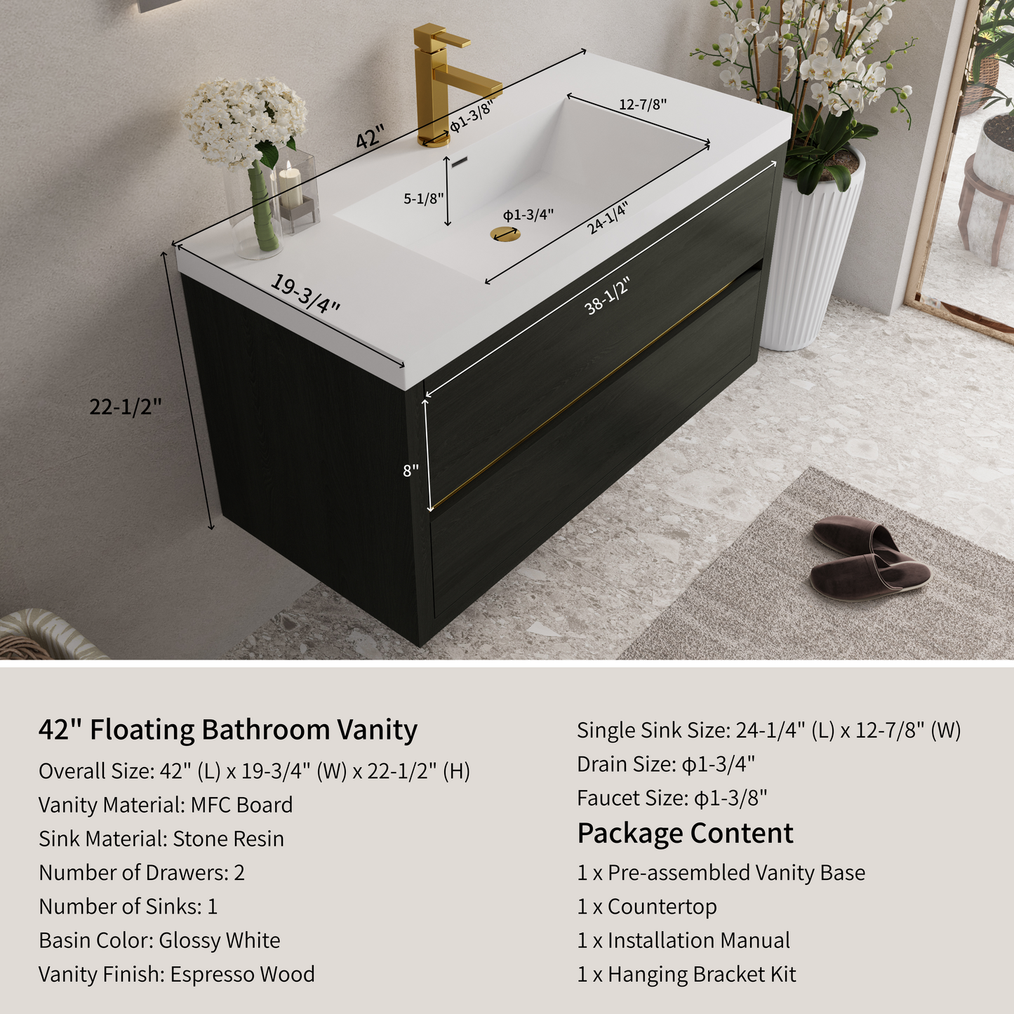 42" Aurelia - Floating Bathroom Vanity, Espresso Wood V15-42EW