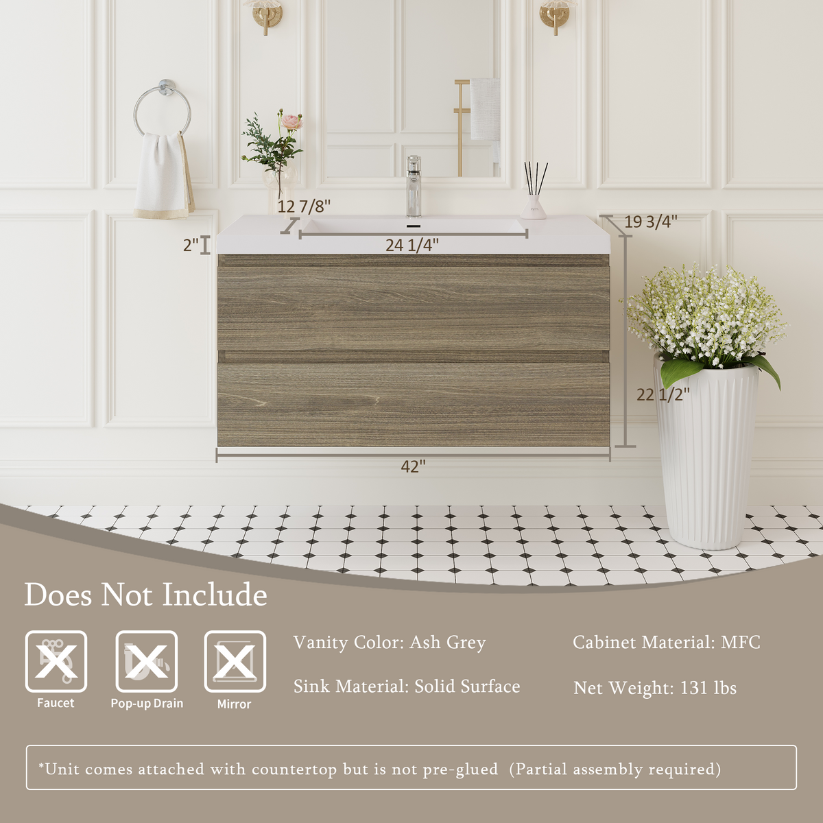 42" Angela - Floating Bathroom Vanity Ash Grey V11-42AG