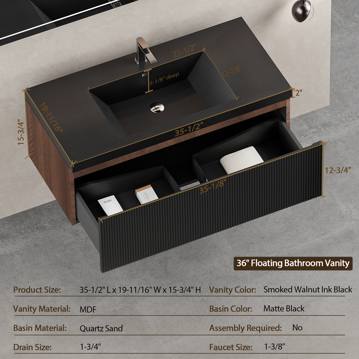 36" Liner - Floating Bathroom Vanity, Smoked Walnut & lnk Black V16-36WAB