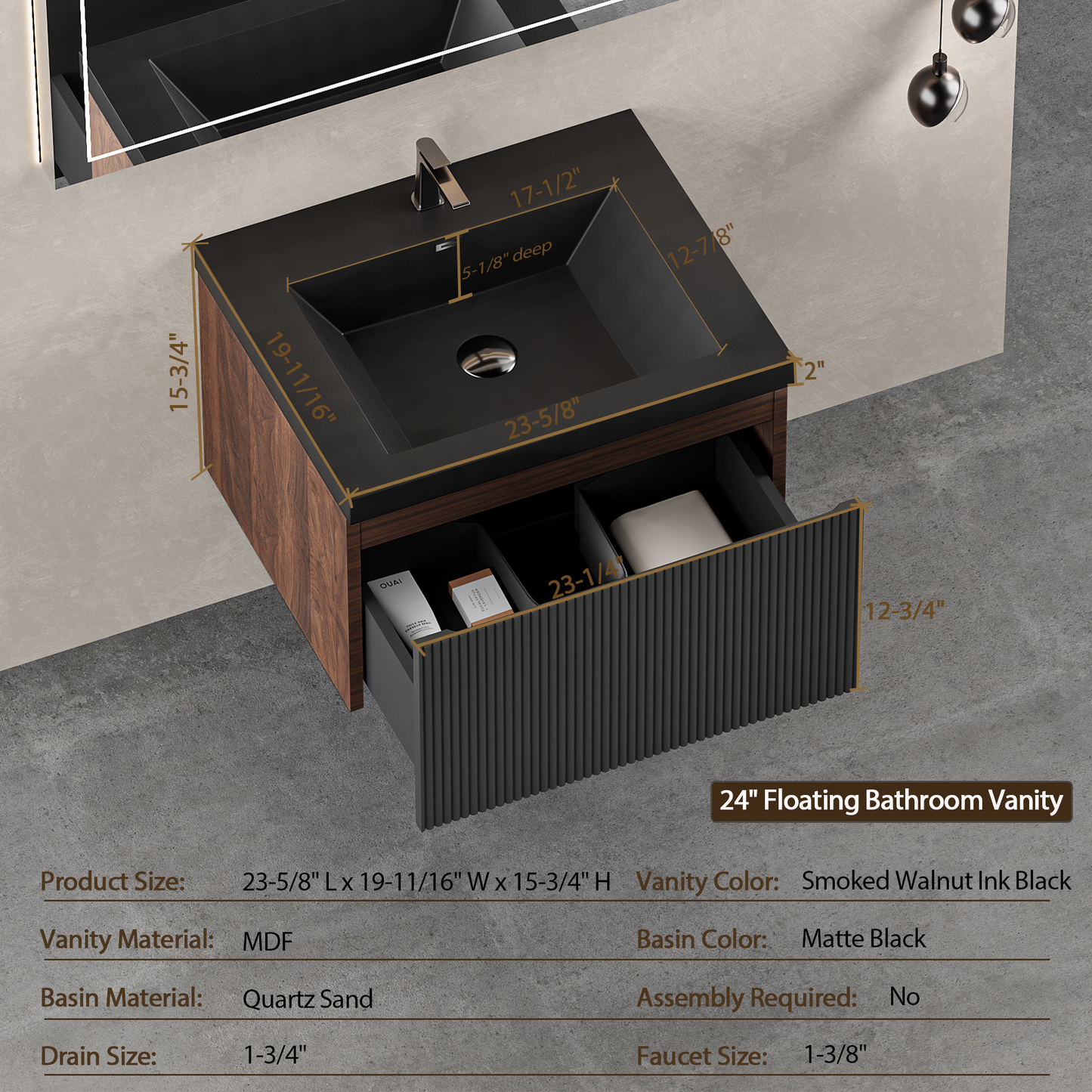 24" Liner - Floating Bathroom Vanity, Smoked Walnut & lnk Black V16-24WAB