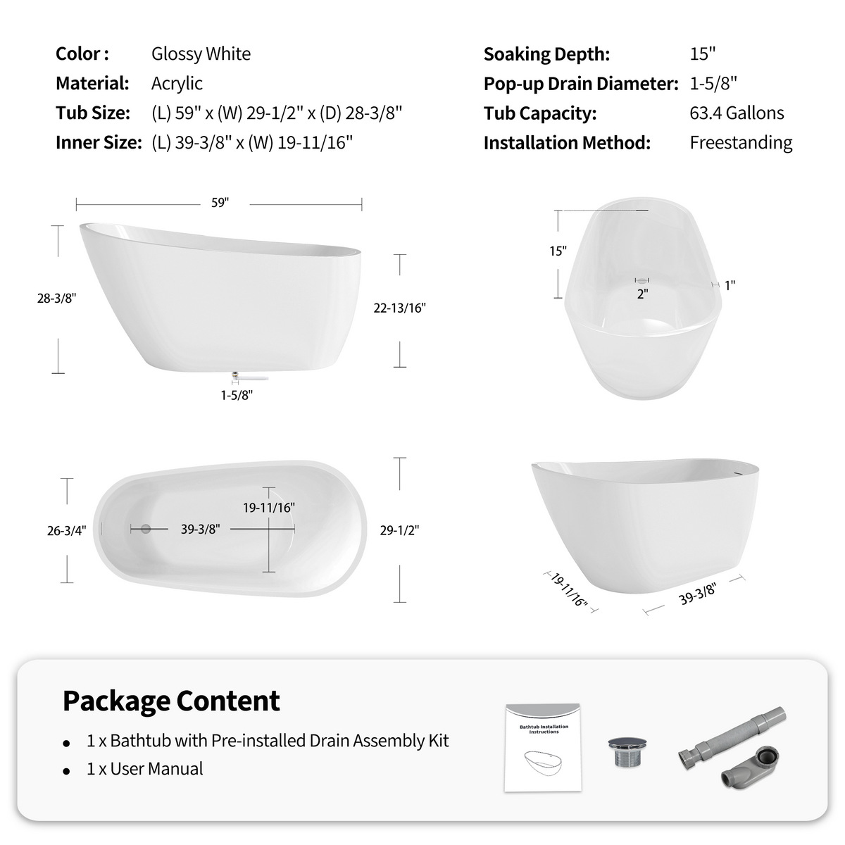 55"/60"/63" Modern Single Slipper Freestanding Acrylic Bathtub, Glossy White A04