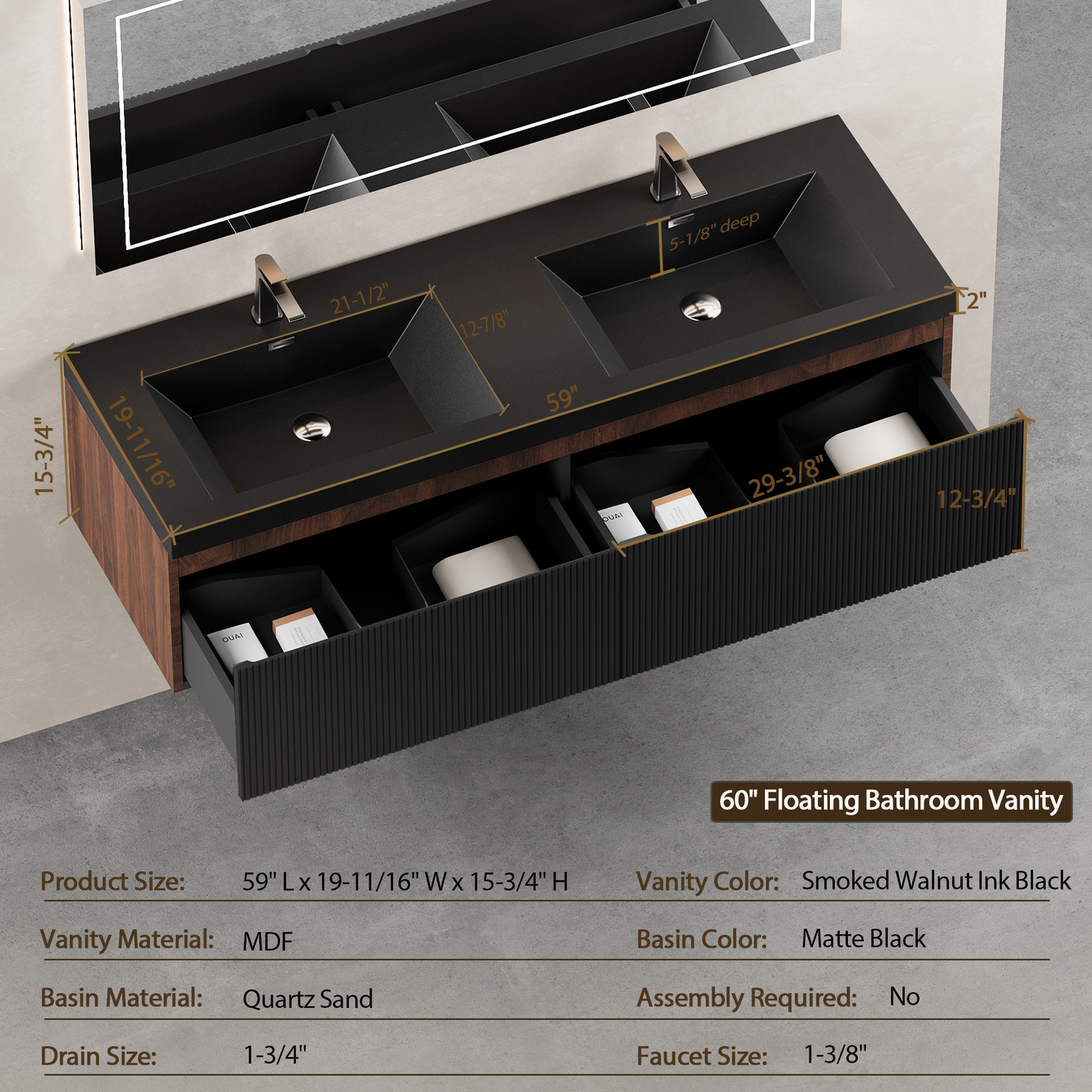 60" Liner - Floating Bathroom Vanity Integrated Double Basin, Smoked Walnut & lnk Black V16-60WAB