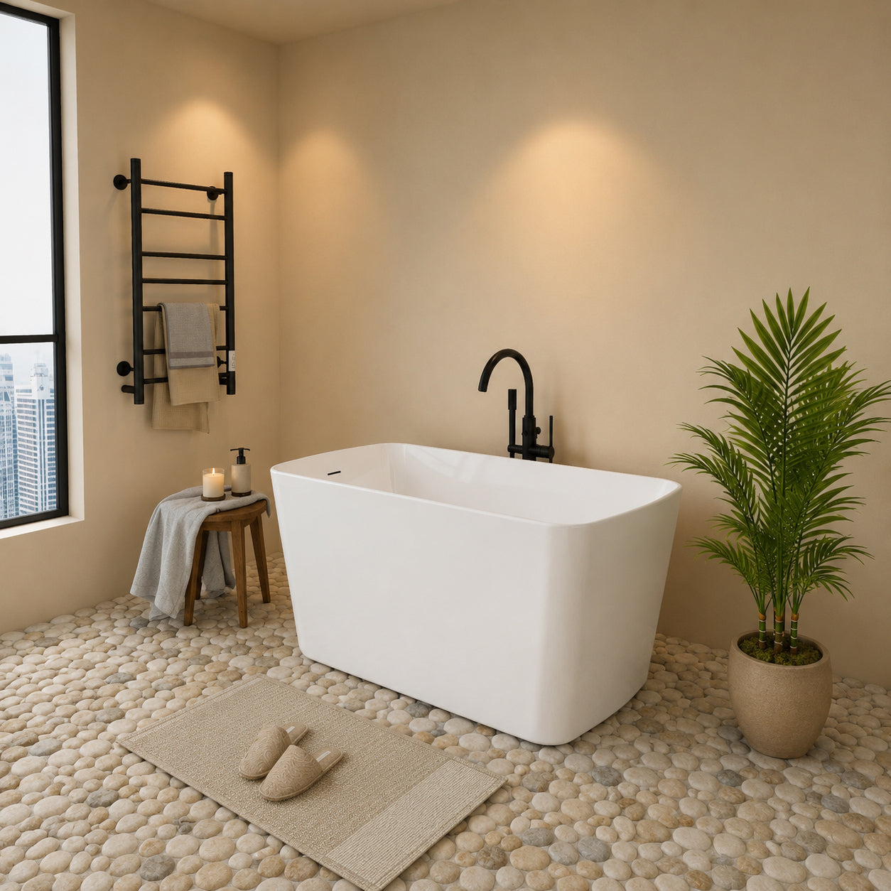 49" Acrylic Freestanding Japanese Soaking Bathtub, Glossy White/Black A01