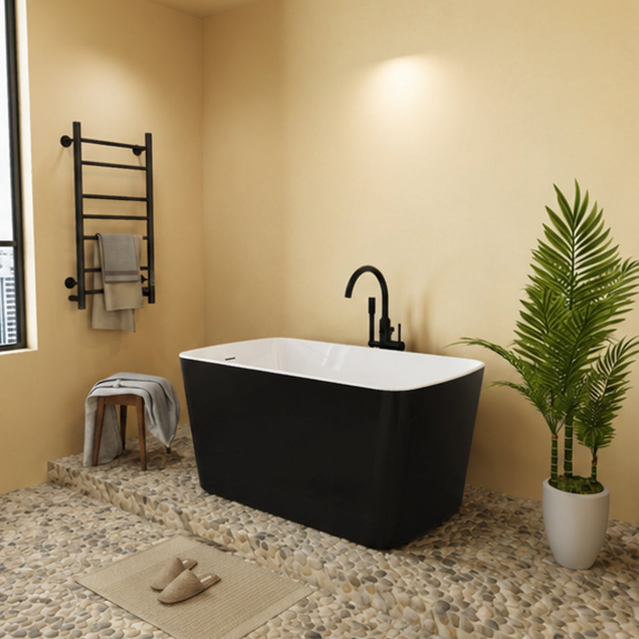 49" Acrylic Freestanding Japanese Soaking Bathtub, Glossy White/Black A01