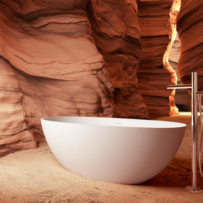 65" Elegant Oval Solid Surface Freestanding Soaking Bathtub, Matte/Gloss White S06-65