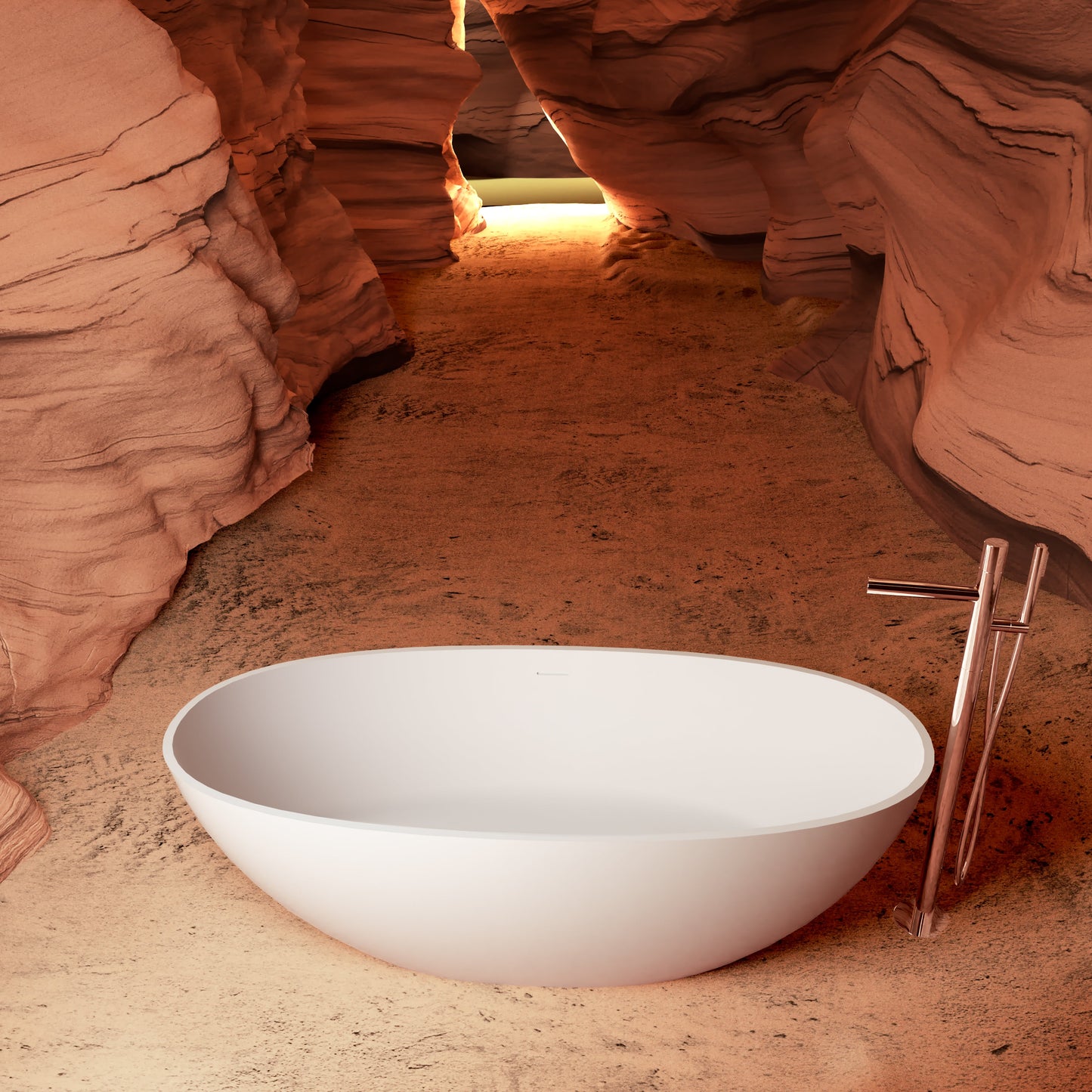 65" Elegant Oval Solid Surface Freestanding Soaking Bathtub, Matte/Gloss White S06-65