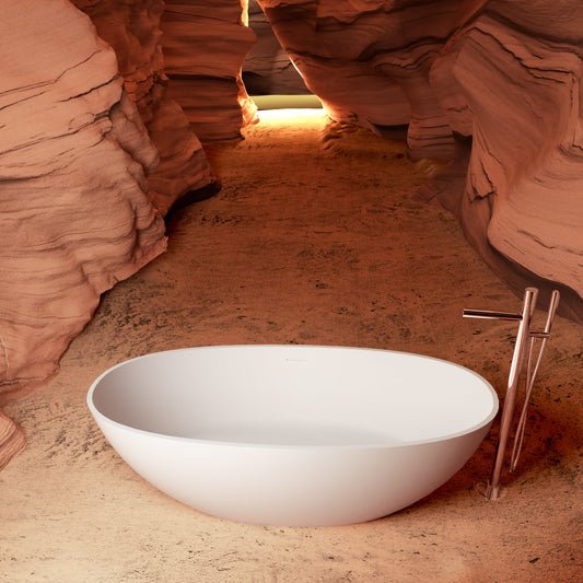 65" Elegant Oval Solid Surface Freestanding Soaking Bathtub, Matte/Gloss White S06-65