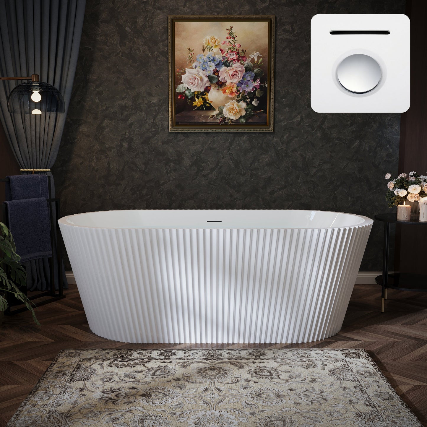 67" Fluted Acrylic Freestanding Soaking Bathtub, Glossy White A13