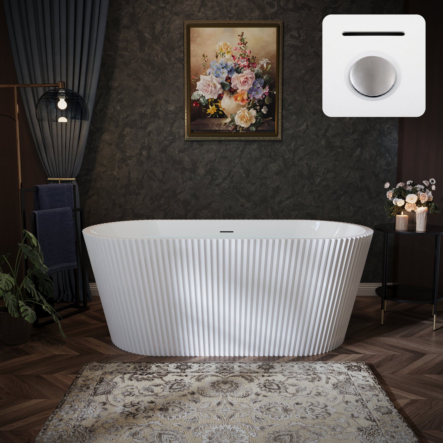 60" Fluted Acrylic Freestanding Soaking Bathtub, Glossy White A13