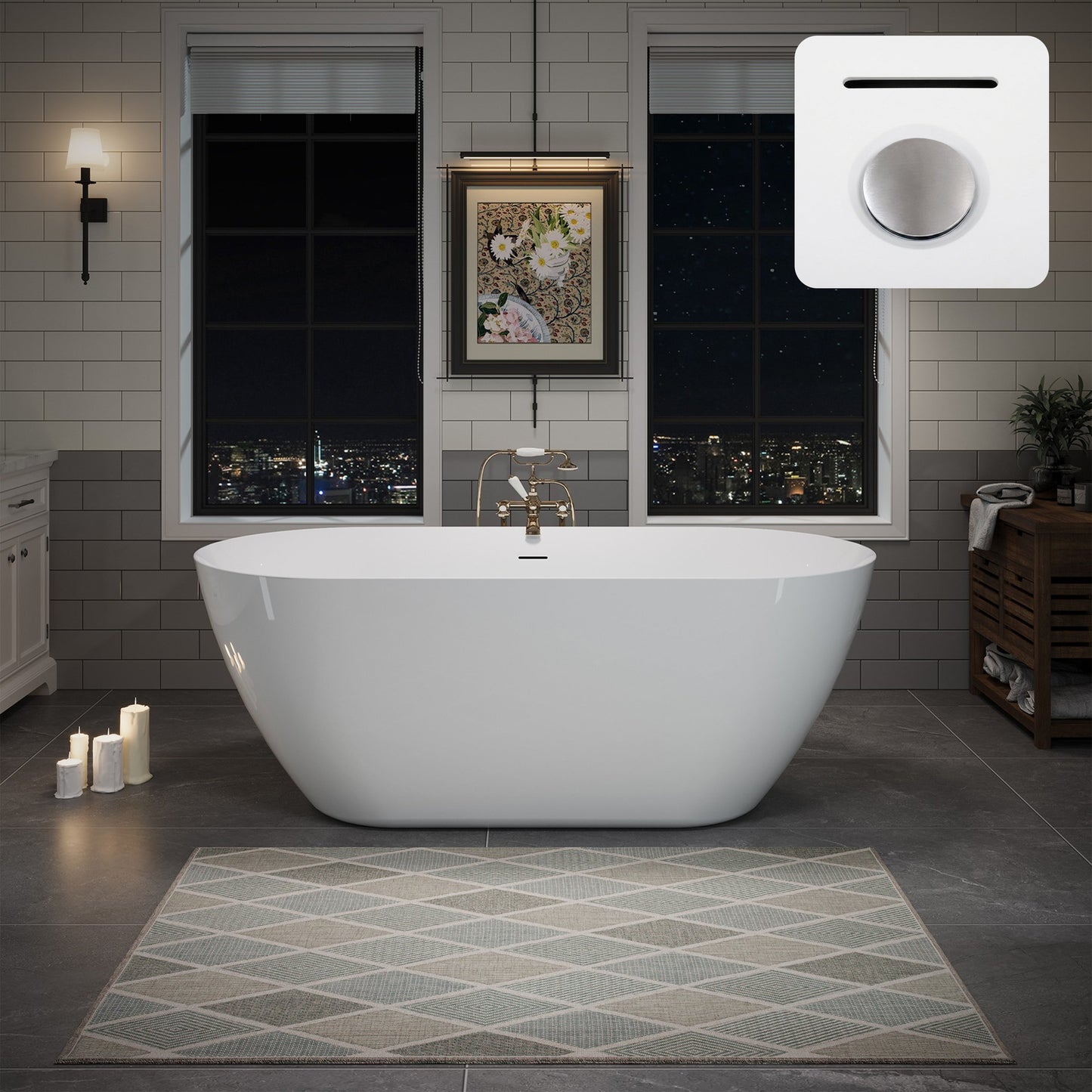 55"/60"/63" Minimalist Oval Acrylic Freestanding Soaking Bathtub, Glossy White A09