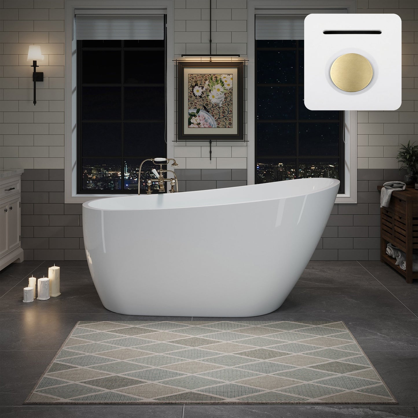 55"/60"/63" Modern Single Slipper Freestanding Acrylic Bathtub, Glossy White A04