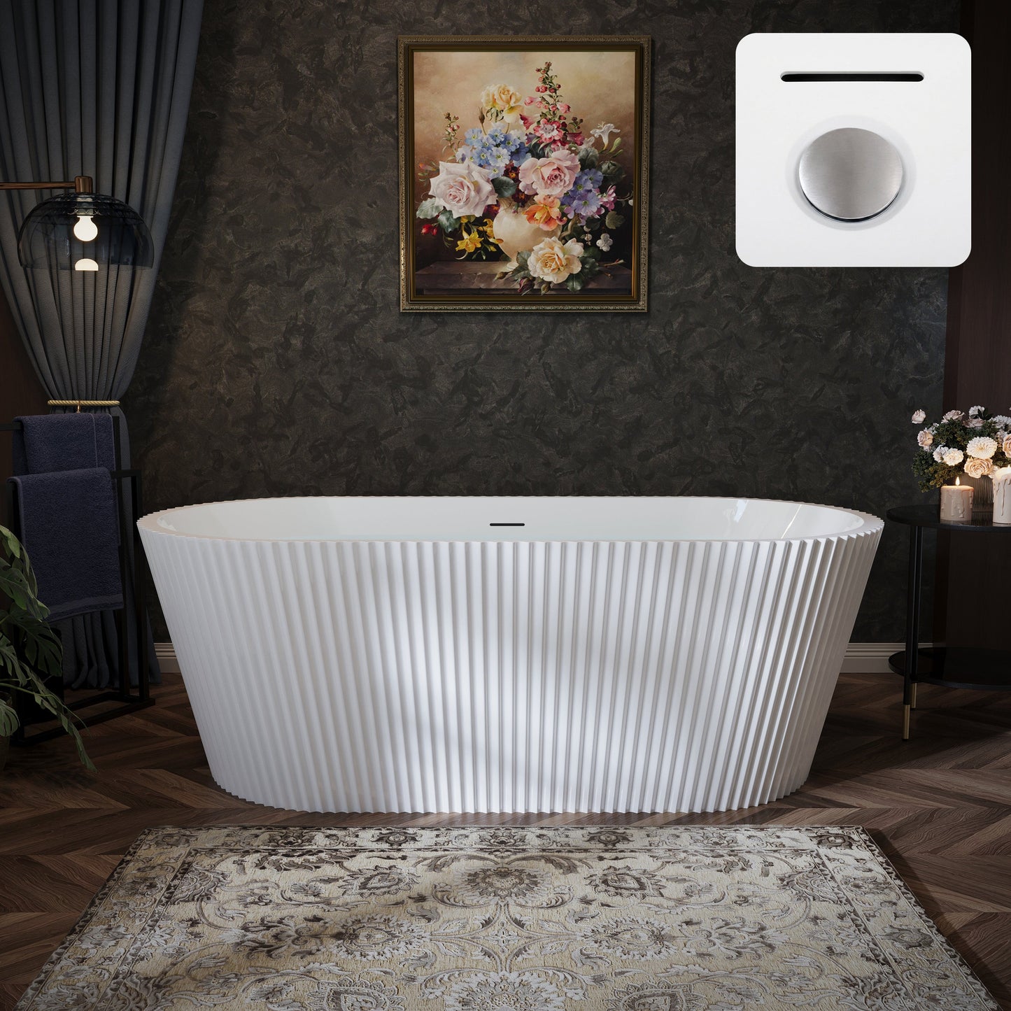 67" Fluted Acrylic Freestanding Soaking Bathtub, Glossy White A13
