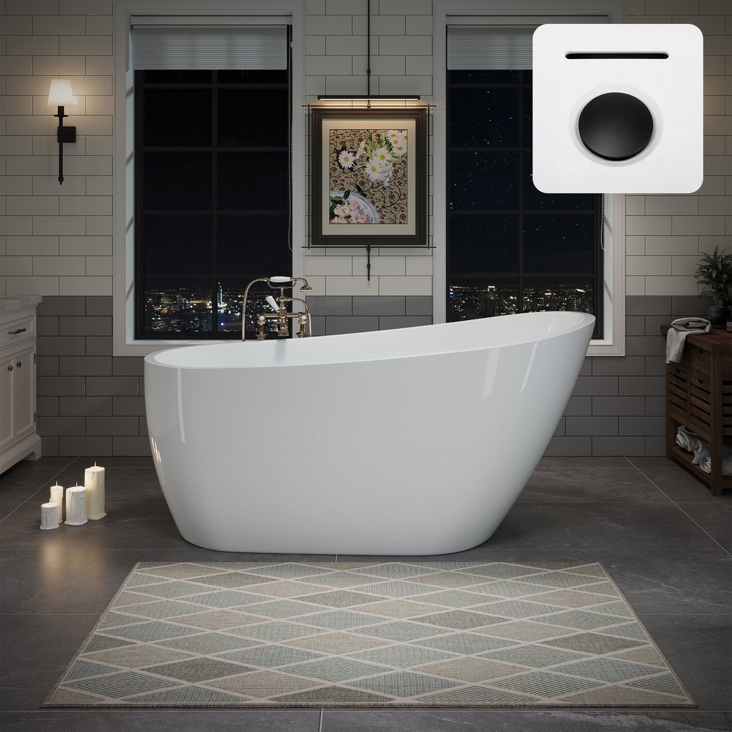 55"/60"/63" Modern Single Slipper Freestanding Acrylic Bathtub, Glossy White A04