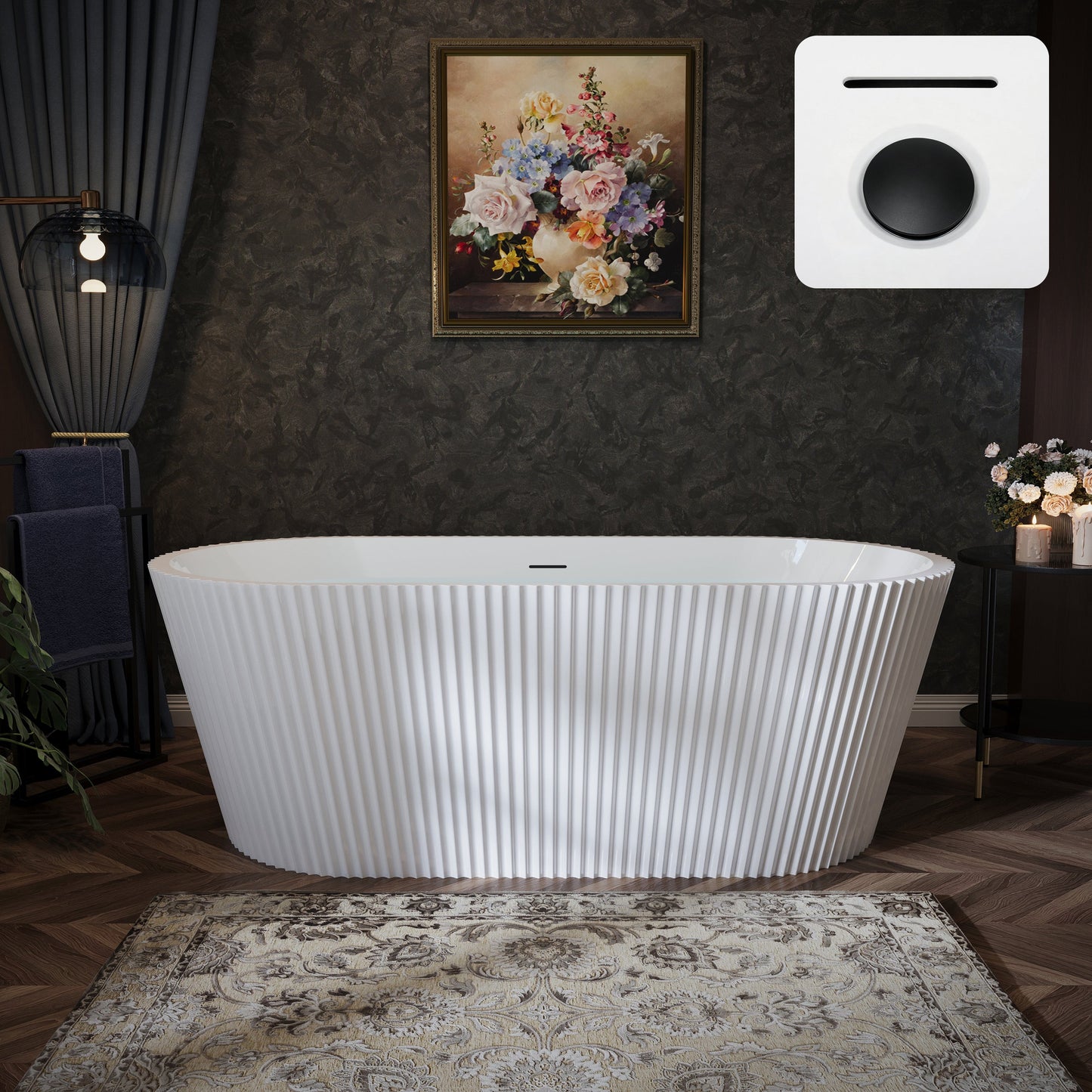 67" Fluted Acrylic Freestanding Soaking Bathtub, Glossy White A13