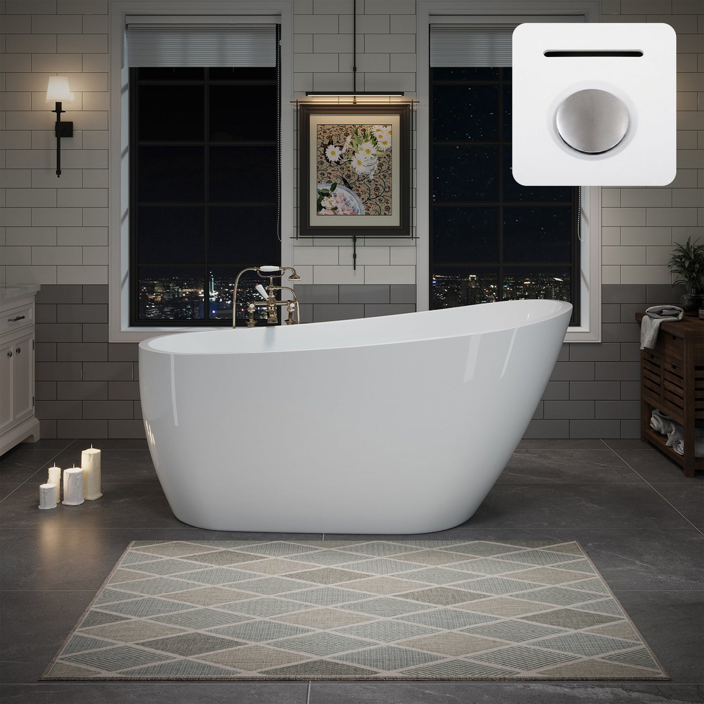 55"/60"/63" Modern Single Slipper Freestanding Acrylic Bathtub, Glossy White A04