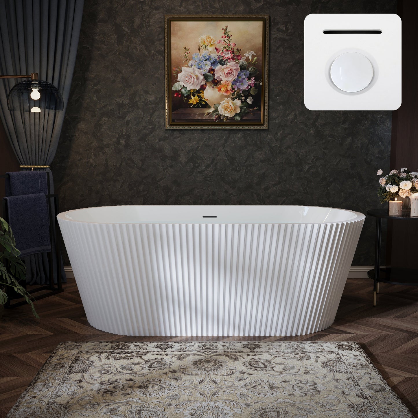 67" Fluted Acrylic Freestanding Soaking Bathtub, Glossy White A13