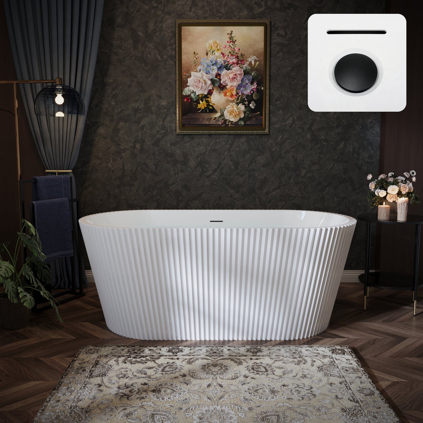 60" Fluted Acrylic Freestanding Soaking Bathtub, Glossy White A13