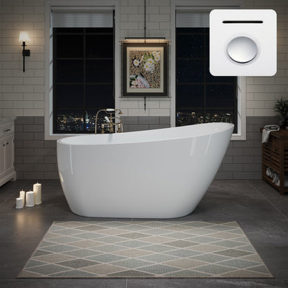55"/60"/63" Modern Single Slipper Freestanding Acrylic Bathtub, Glossy White A04