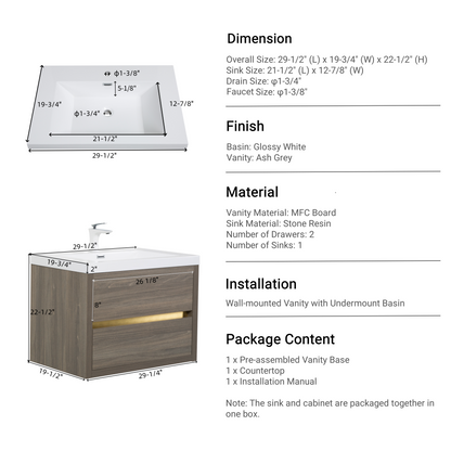 30" Aurelia - Floating Bathroom Vanity, Ash Grey V15-30AG